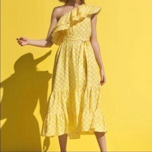 Lisa Marie Fernandez yellow and white polka dot ruffle shoulder dress